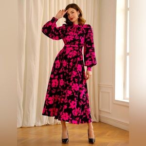 Floral Print Tie Neck Lantern Sleeve Dress